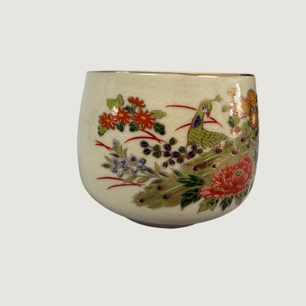 Vintage Enesco Japan Peacock‎ Floral Satsuma Style Ceramic Tea Cup Bowl Crackle